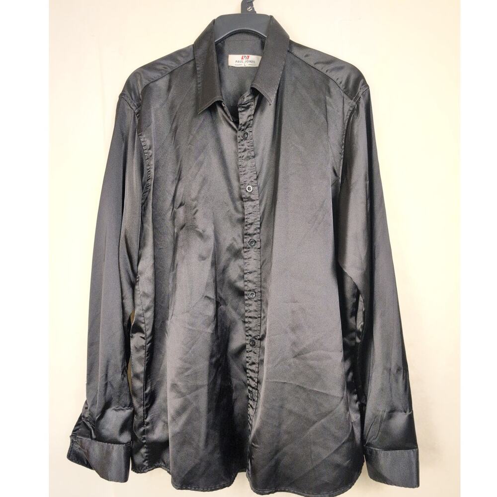 Paul Jones black satin button up shirt Size Large Men Minimal Suave Dapper Luxe